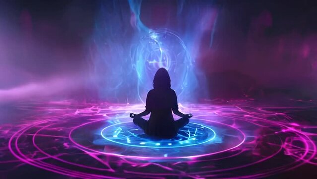 Yoga meditation. Silhouette of person meditating in mystical circle with neon lights