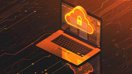 illustration of laptop with cyber security cloud with lock on screen - orange and black colors - computing concept