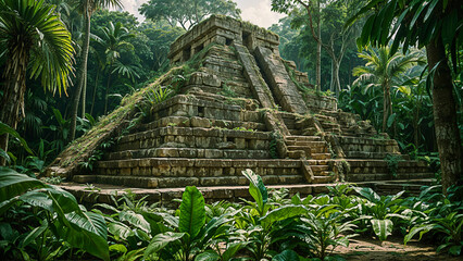 An ancient Mayan pyramid is located amid a dense jungle, completely covered with lush greenery