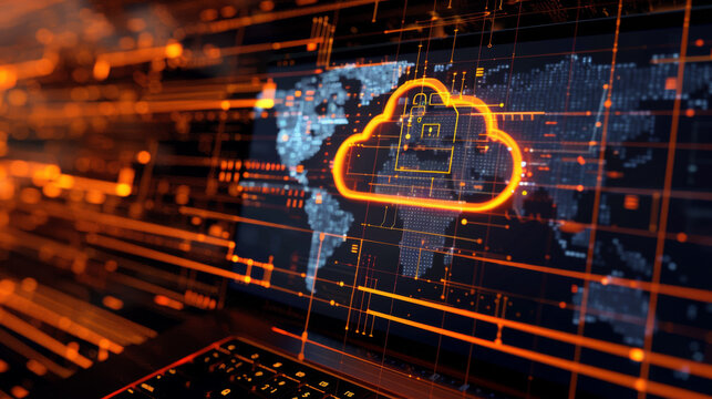 illustration of laptop with cyber security cloud with lock on screen - orange and black colors - computing concept
