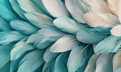 Close-up view of soft teal and white feathers in full frame, conveying sense of delicate texture and serenity