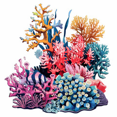 Colorful corals and algae on a white background. Vector illustration.