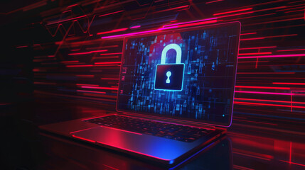 illustration of laptop with lock on screen - red and blue colors - computing concept