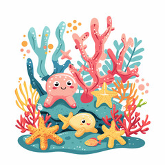 Fototapeta na wymiar Cute cartoon octopus and starfish on a coral reef. Vector illustration.