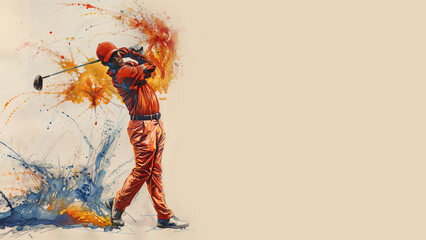 A man in a red shirt, orange pants and a red hat, swinging a golf club, striking a ball, surrounded by splatters of red, orange, yellow and blue paint, isolated on beige background. Copy space, 16:9