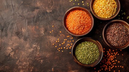 Multicolored lentils in bowls on a brown background, yellow and brown, green and orange lentils, healthy legumes, top view, copy space 