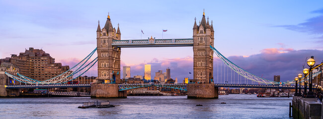 London, United Kingdom - February 26, 2024: Panoramic view of Tower Bridge in London at sunset