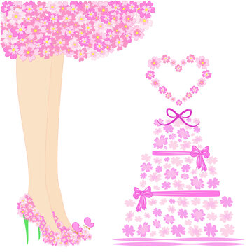 Vector romantic illustration holiday card for Valentine's Day, wedding, birthday. Legs of a girl in shoes and a dress made of flowers, a cake with a heart on top, made of delicate pink flowers.