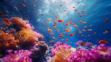 Fototapeta na wymiar Vibrant coral reef, high res ocean scene with colorful fishes and swaying sea anemones
