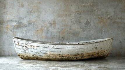   White boat perched on cement floor beside weathered wall