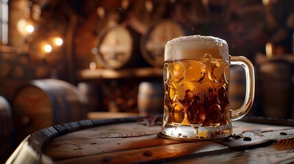 A mug of cold beer sits beside a wooden barrel on a table. - obrazy, fototapety, plakaty