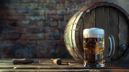 A mug of cold beer sits beside a wooden barrel on a table.
