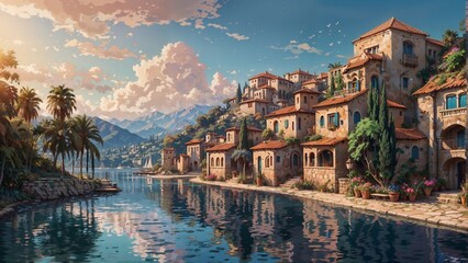 Beautiful view of luxury villas on the shores of lake. - obrazy, fototapety, plakaty