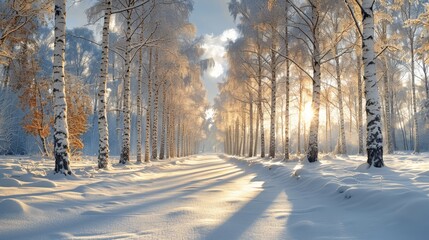   The sun illuminates a snow-covered trail in a forest of tall, snow-capped trees