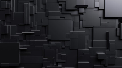 Black tech background, with a geometric 3D structure. Clean, minimal design with simple futuristic forms. 3D render