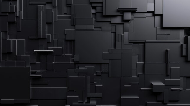 Black tech background, with a geometric 3D structure. Clean, minimal design with simple futuristic forms. 3D render