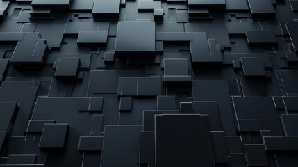 Black tech background, with a geometric 3D structure. Clean, minimal design with simple futuristic forms. 3D render