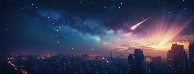 Fotobehang Comet ISON shines amidst the city lights, night sky adorned with the Milky Way. ✨🌌 A breathtaking urban night vista of cosmic beauty.  StarryCityscape © Elzerl