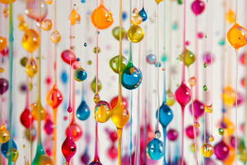 Splashes of paint on a white background where each drop catches the light in a unique way