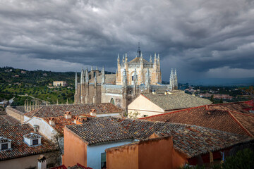 View of the dome and roof of the monastery of San Juan de los Reyes in Toledo, Castilla la Mancha, Spain on a cloudy day
