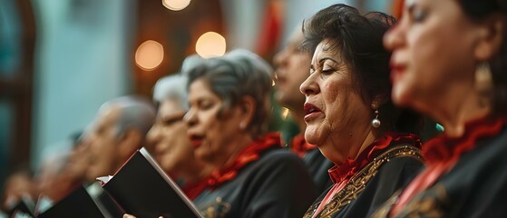 Latin American choir singing traditional Christmas carols at a Las Posadas celebration. Concept Las Posadas, Christmas Carols, Latin American Choir, Traditional Music, Cultural Celebration - obrazy, fototapety, plakaty