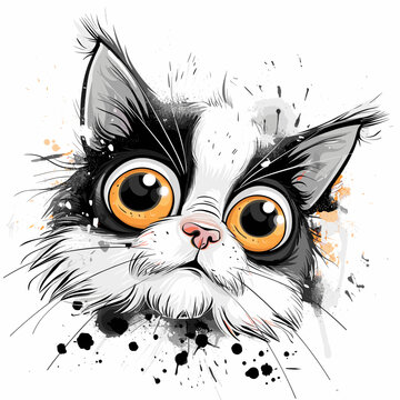 Portrait of a cat with big eyes. Hand drawn vector illustration.