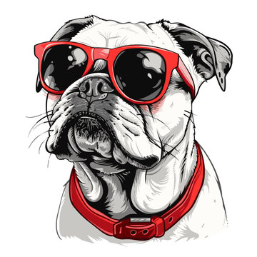 Portrait of a bulldog in red sunglasses. Vector illustration.