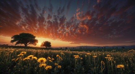 Dandelions in the meadow at sunset. Beautiful summer landscape.
