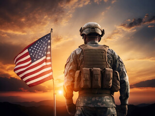 A soldier and the USA flag against a sunrise background represent National holidays such as Flag Day, Veterans Day, Memorial Day, Independence Day, and Patriot Day.