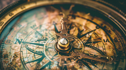 Fototapeta na wymiar Vintage Compass Close-up with Antique Map Background