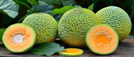   A cluster of cantaloupes resting on a wooden table beside a lush green foliage