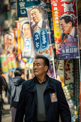 Fototapeta premium An Asian man walks, hidden campaign posters behind. 🚶‍♂️🗳️ A subtle scene of political canvassing in progress. #CampaignTrail