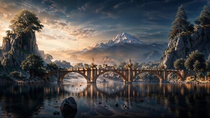 Fantasy landscape with mountain and bridge. 3d render illustration.