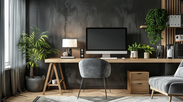 3D rendering of interior modern living room workspace with desk and desktop computer 