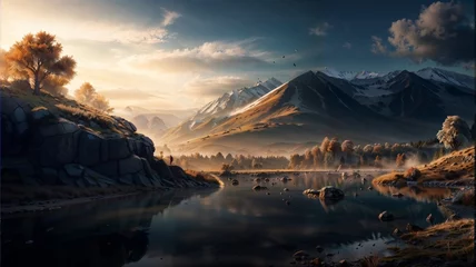 Poster Fantasy landscape with mountains and lake. 3d render illustration. © i7 Binno