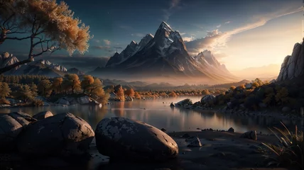 Foto op Canvas Fantasy landscape with mountains and lake. 3d render illustration. © i7 Binno