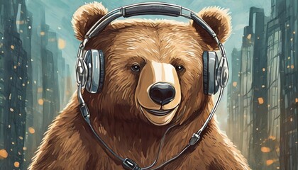 Obraz premium Generated image of a bear listening to the music in a headset