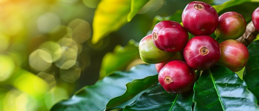   A close-up image captures multiple coffee beans on a leafy branch against a sunny backdrop, with a soft boke effect that creates depth