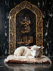 Fototapeta premium Sacred Sacrifice- Eid Al Adha Mubarak Background with Sheep and Islamic Prayer and copy space - generative ai