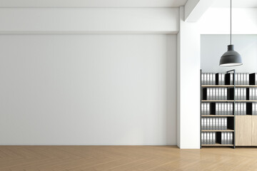 Minimalist empty room with wood file cabinet and hanging lamp, white wall and wood floor. 3d...