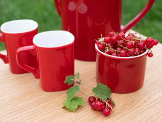 Set of bright ceramic tableware and red currant on the wooden table outdoors. Concept of summer picnic or time for a snack