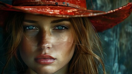 Intense portrait  woman in red cowboy hat with jon foster s style influence in moody lighting