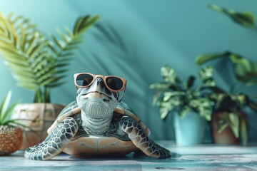 3D turtle with sunglasses relaxed - obrazy, fototapety, plakaty