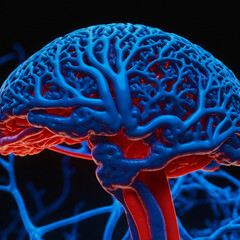 Illustration of a 3D blue human brain with arteries and veins on a black background and copy space.	
