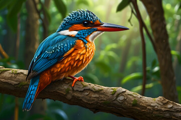 A jungle dwarf kingfisher is shown perched on a tree branch.