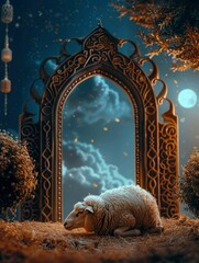 Naklejka premium Sacred Sacrifice- Eid Al Adha Mubarak Background with Sheep and Islamic Prayer and copy space - generative ai