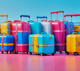 Set of colorful travel suitcases on colorful background.