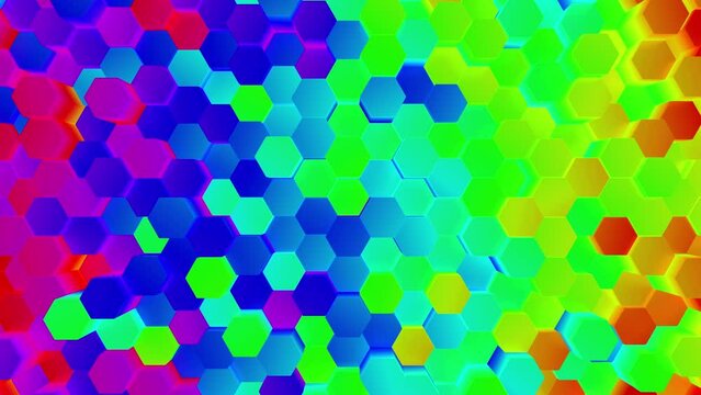 Neon rainbow of hexagonal shapes with slow random movement. Bright and colorful geometric tech wallpaper or background mosaic. 3d render.