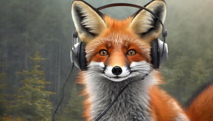 Generated image of a fox wearing headset - obrazy, fototapety, plakaty