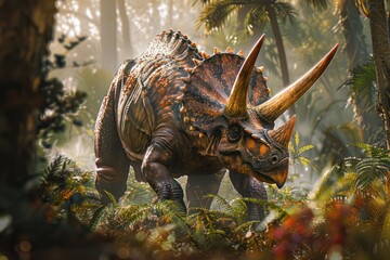 Three-horned Triceratops Dinosaur in the Cretaceous Period Forest